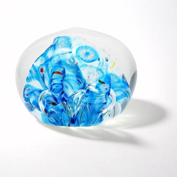 Vintage Art Glass Paperweight Blue Swirl Blue White Orange Retro Clear - Picture 9 of 9